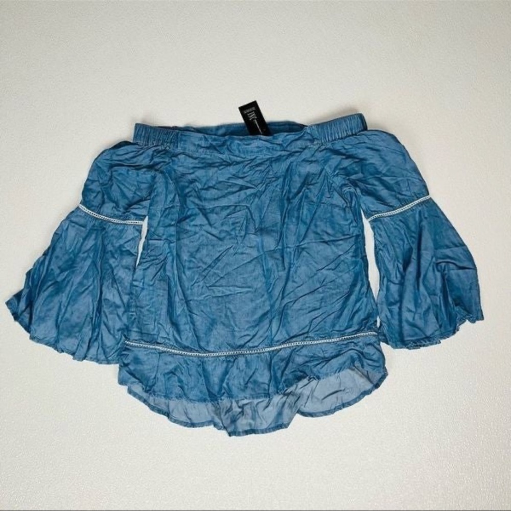 International Concepts Petite Off the Shoulder Denim Top Indigo PP NWT - Picture 4 of 9